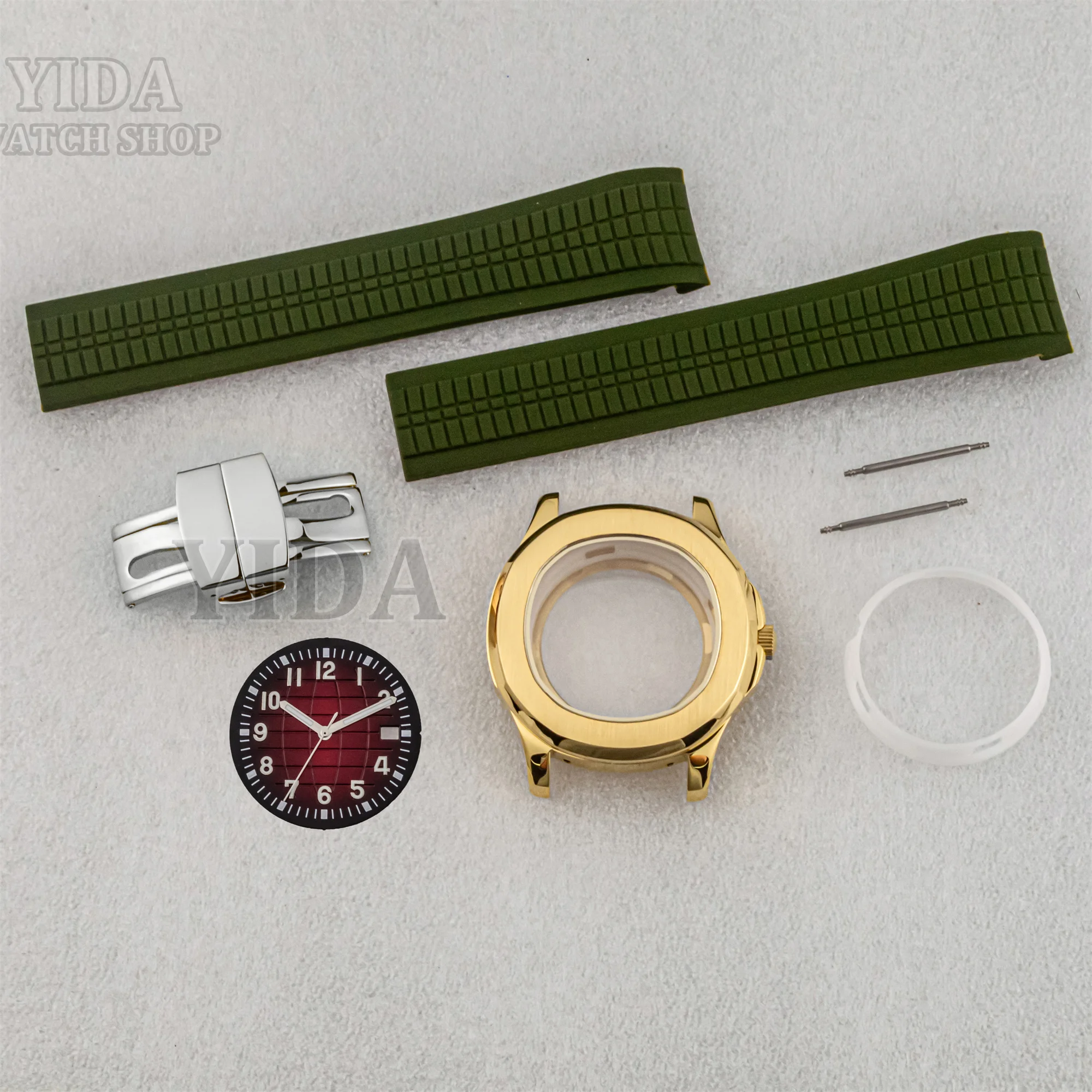 Caja de reloj de acero inoxidable dorado PVD, banda de goma, esfera de 32mm, mano luminosa verde para movimiento AQUANAUT Nautilus NH35, cristal de zafiro