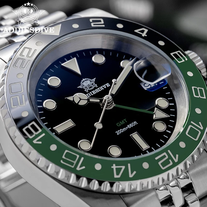 ADDIESDIVE Reloj AD2050 Men GMT Watch Swiss Ronda 515-24 20Bar Waterproof BGW9 Super Luminous 316L Stainless Steel Quartz Watch
