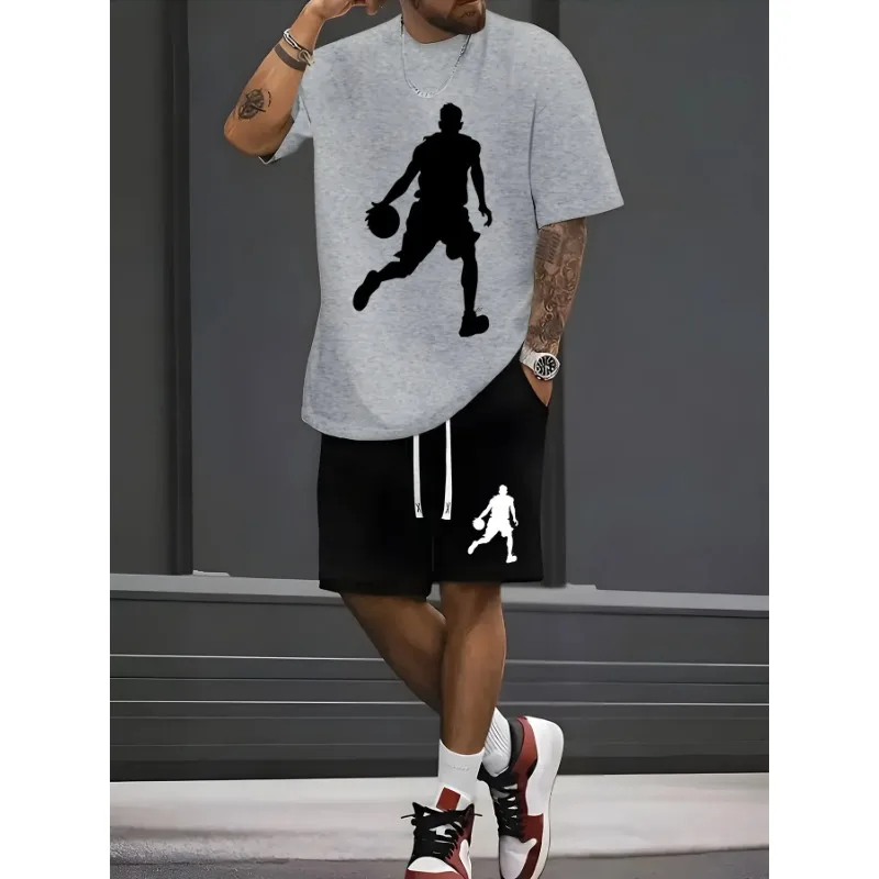 

Summer Men's Fashionable Breathable Comfort Set Basketball Player Print Crew Neck T-Shirt and Shorts Set Outdoor Casual Top
