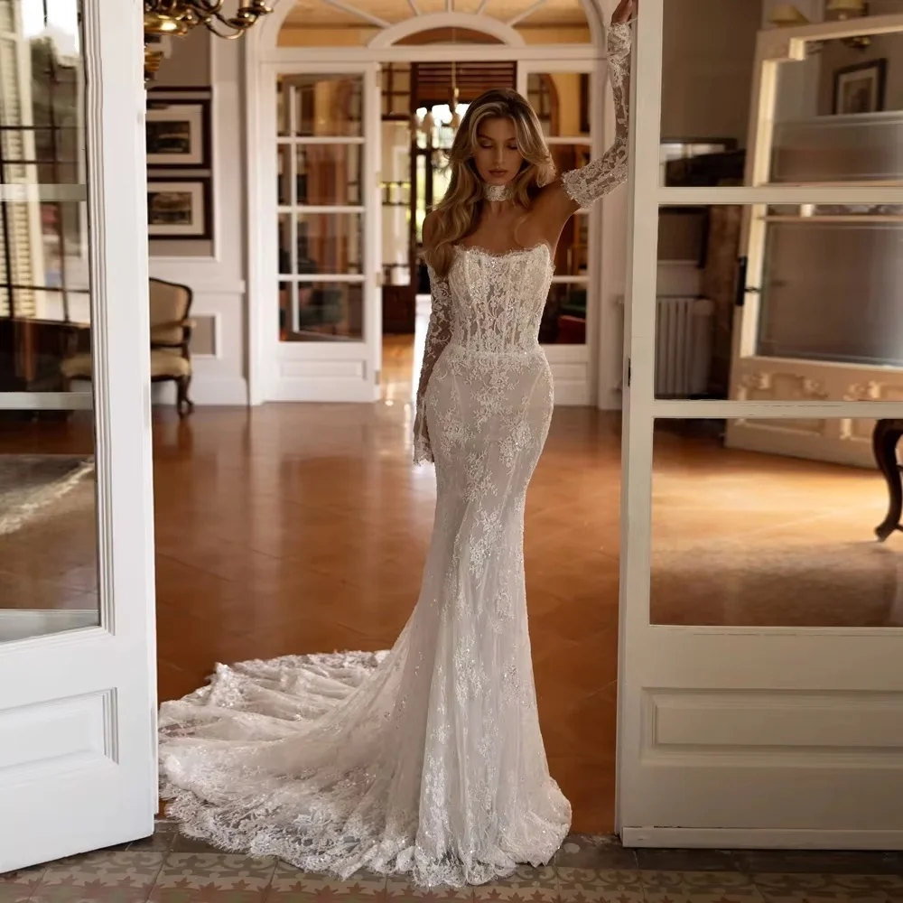 

Customized Sexy Zipper Wedding Dresses Scoop Neck For Women Charming Three Quarter Lace Applique Bridal Gown Vestidos De Novia