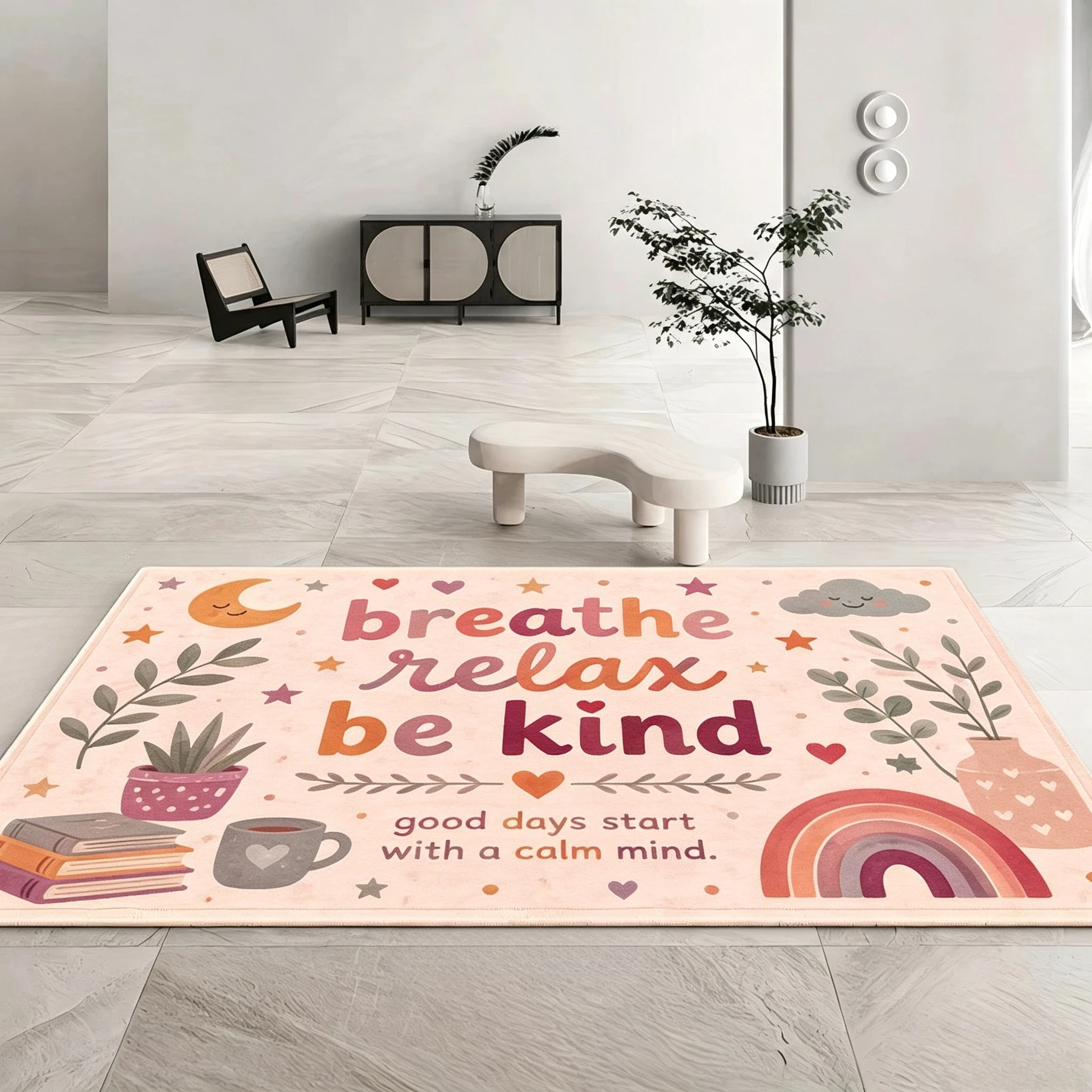 Boho Inspirational Quote Printed Decorative Rug Positive Slogan Rainbow Moon Plant Pattern  Floor Carpet for Living Room Bedroom