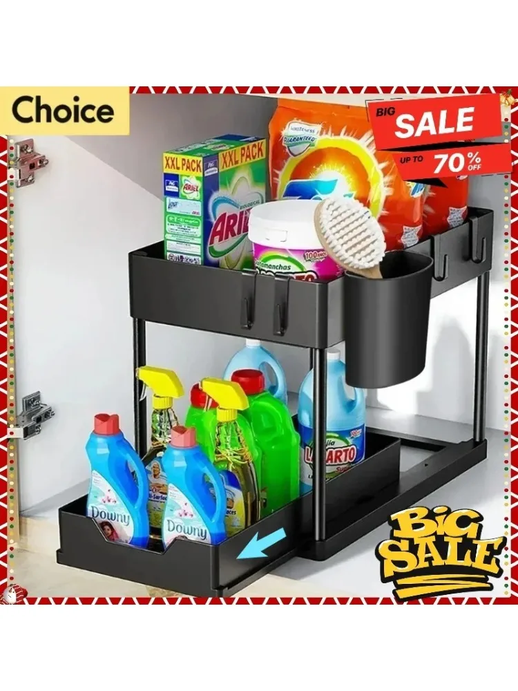 2-stufiger Multifunktions-Organizer für Küchenspüle, Schiebeschrankkorb mit Haken, hängende Tasse, neues platzsparendes Rack für Badezimmer und Küche