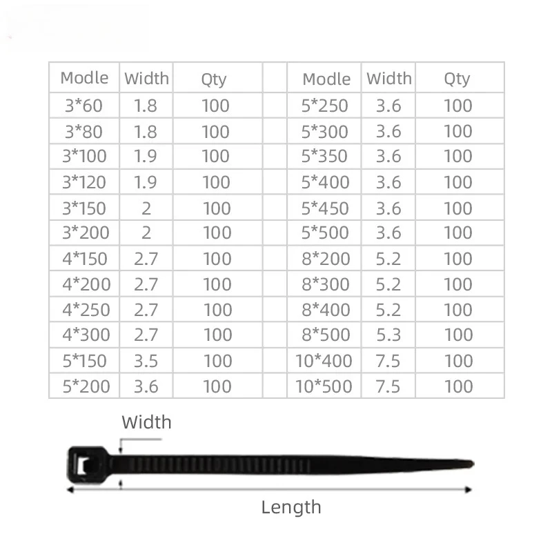 3.5X300 Wire Zip Wraps Strap 2.7*200mm Organiser 100Pcs/Bag Self-Locking Plastic Nylon Cable Tie White Fastening Ring 1.9X100