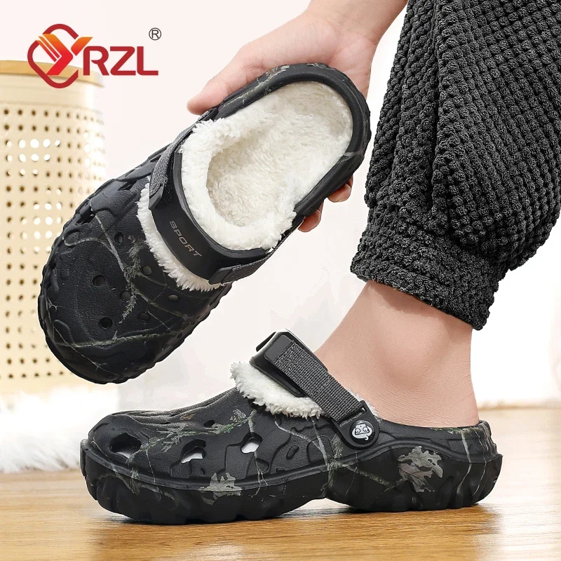 

YRZL Men's Winter Clogs Slippers Warm Furry Plush EVA Slides Soft Comfortable Non Slip Indoor Slippers Casual Black Khaki Shoes
