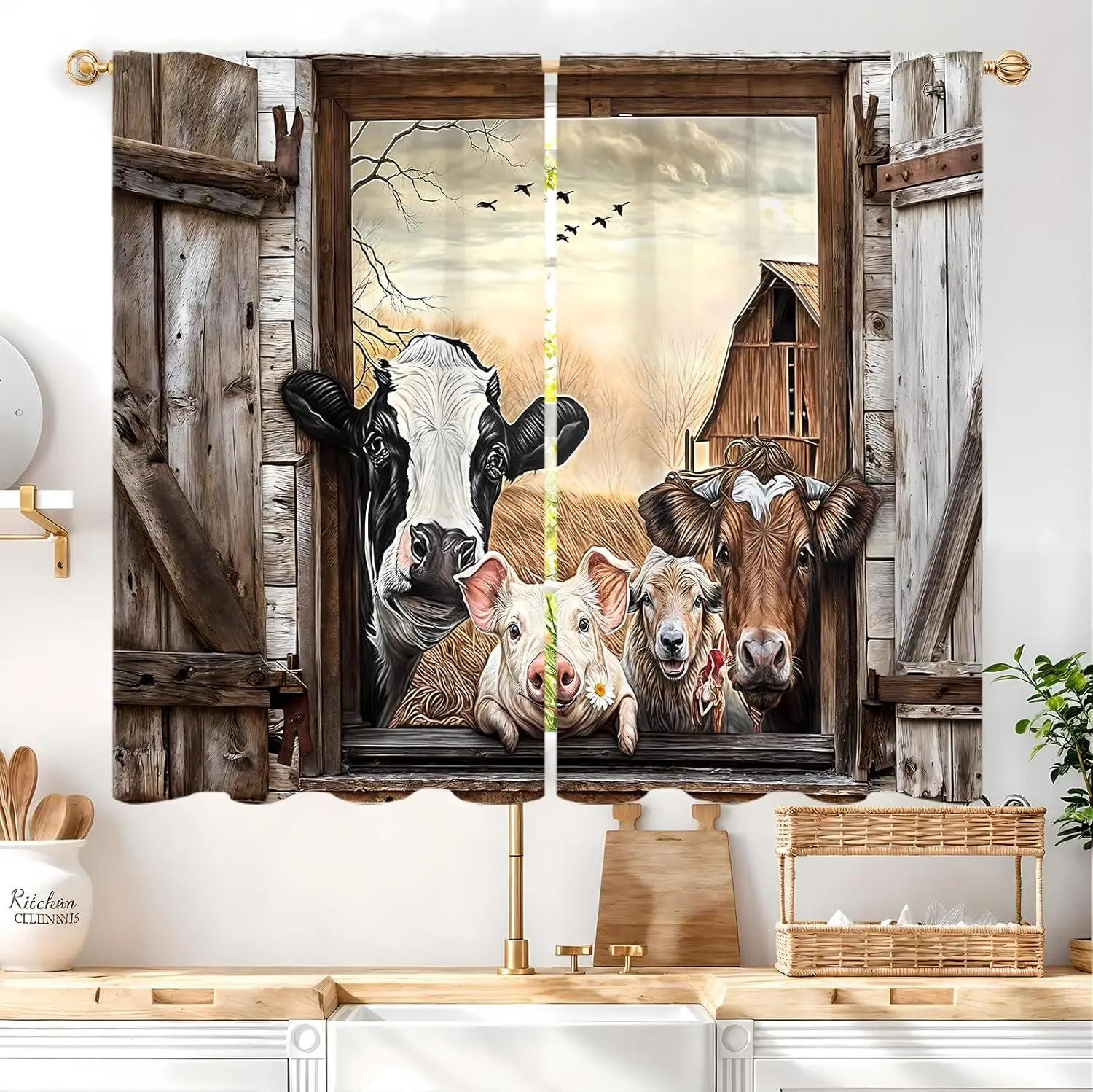 Farmhouse Cow Kitchen Curtain 2 Panel Rod Pocket Country Farm Animal Barn Door Rustic Vintage Cattle Brown Small Short Cafe Tier