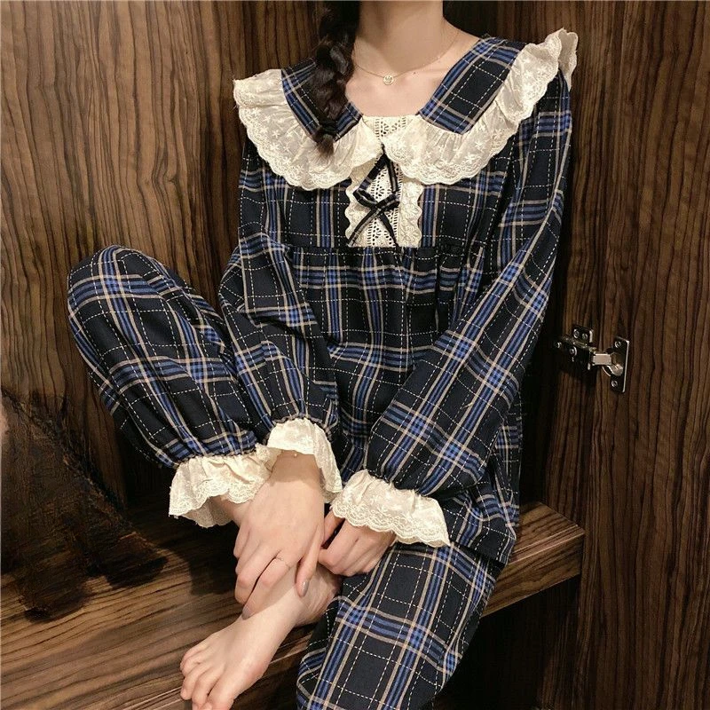 

Lace Women Pajama Sets Sleepwear Plaid Pants Sets 2 Pieces Piiama Korean Style Full Sleeve Spring Night Wears Bow Home Suit 2024