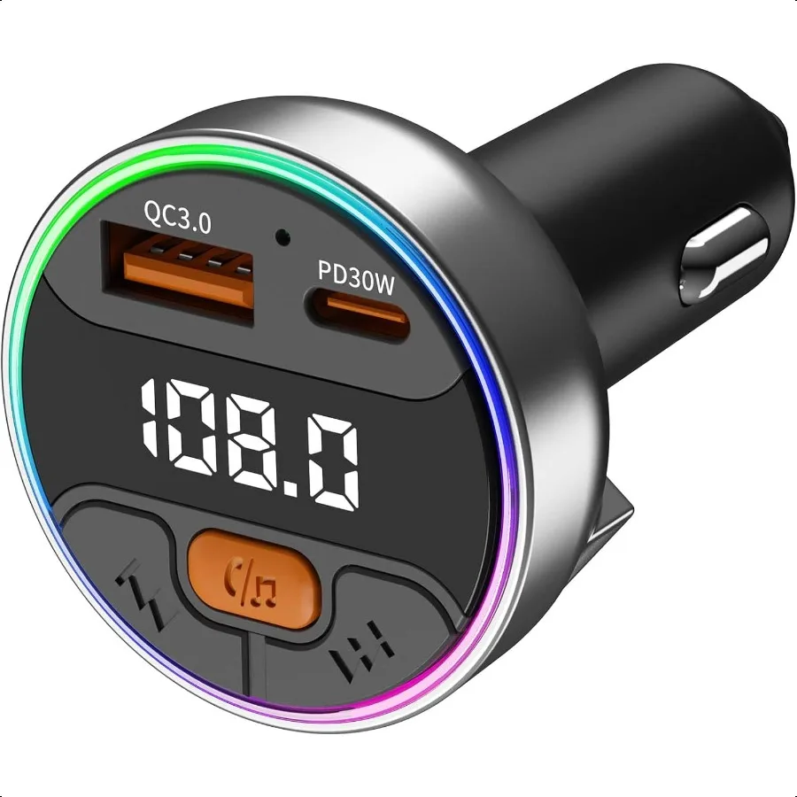 

Bluetooth 5.3 FM Transmitter for Car Wirel Metal Fast Charging PD30W TypeC Auto Answer Navigation Announcement USB Playback 7Co