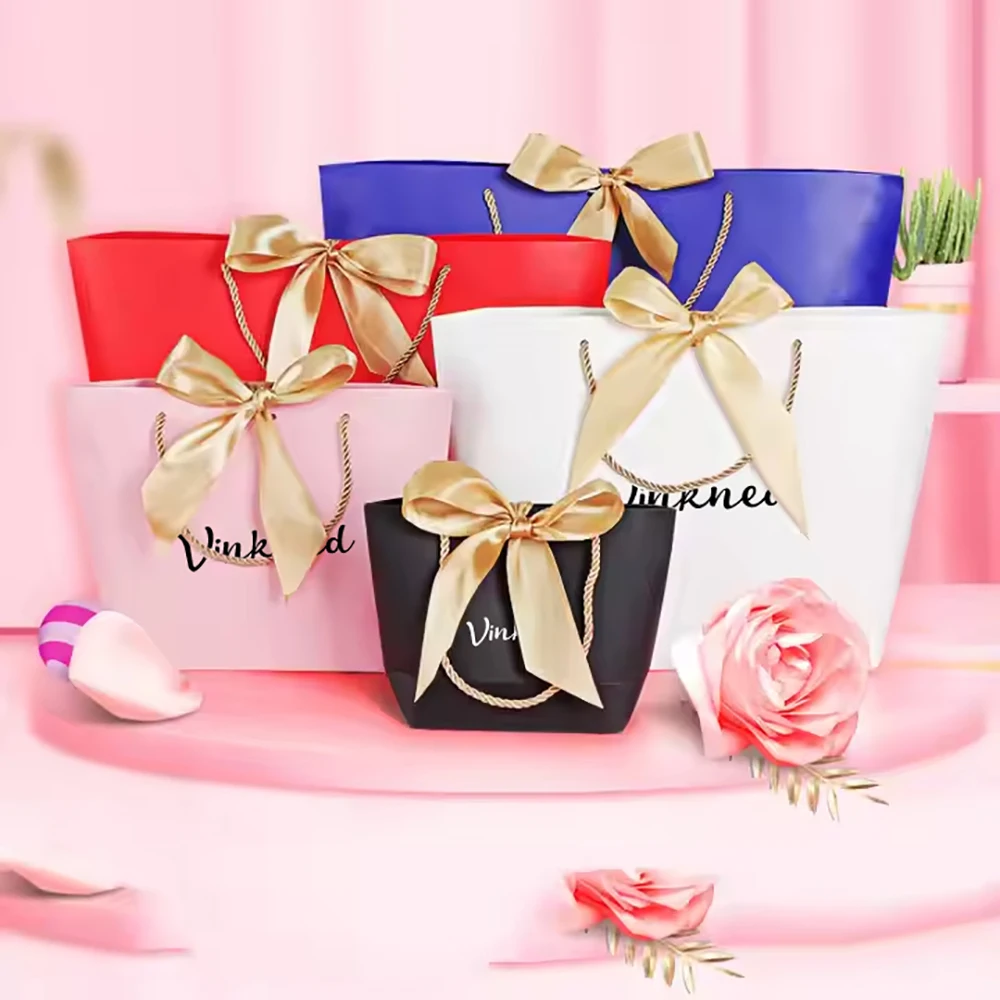 100pcs Bulk Custom Luxury Printed Your Own Logo Paper Tote Bag Shopping Packaging Bag With Ribbon Bow For Clothing Shoes Jewelry