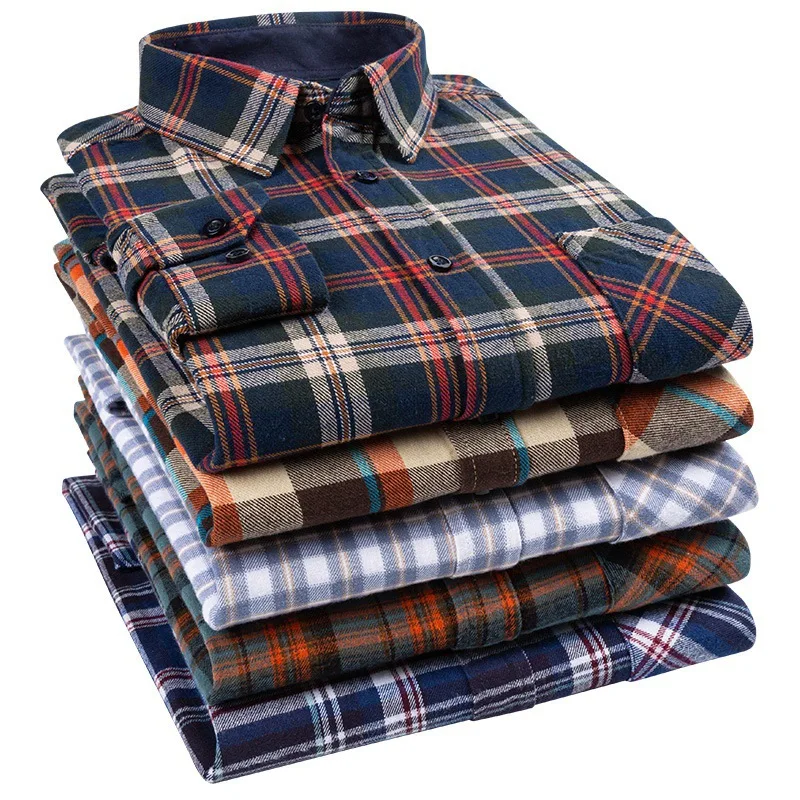 

Spring and Autumn Men's Long sleeved Cotton Plaid Shirts Youth Business Casual Versatile Large Cotton Brushed Shirts