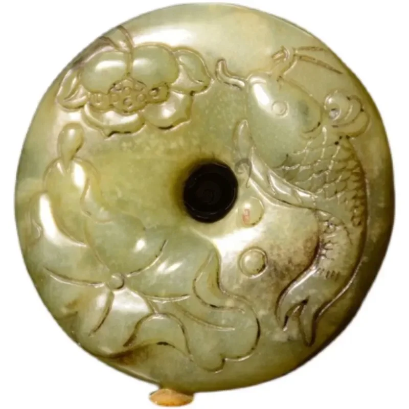 Antique Old Jade Ping An Buckle Pendant Hand Carved Carp Lotus Pattern Vintage Chinese Hetian Jade Bi Disc Lucky Wealth Amulet N