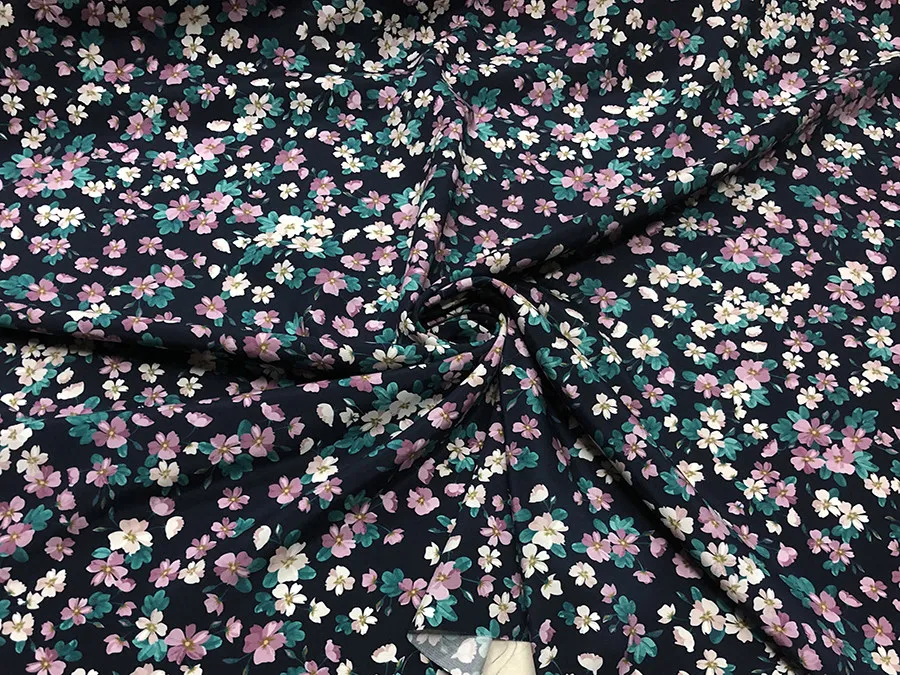 Designer Cloth 30 Momme Elastic Heavy Crepe Silk Fabric Dark Blue Bottom Color Little Flower Inkjet Silk Fabric DIY