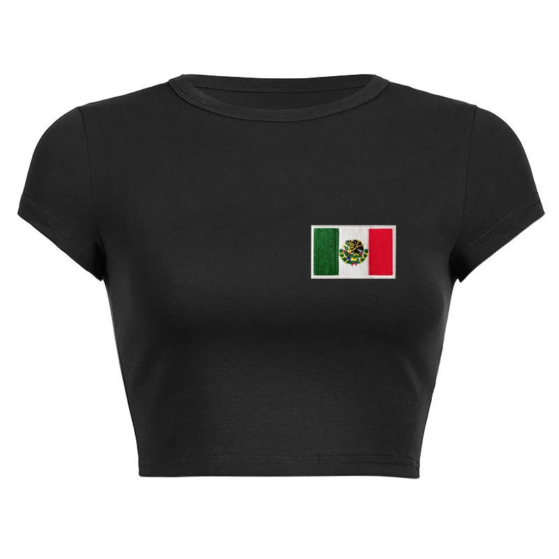 

﻿Retro Harajuku Summer Short Sleeve T-shirt Y2k Clothes Women's Flag Embroidery Gothic Black Crop Tops Tee Street Grunge Casual﻿