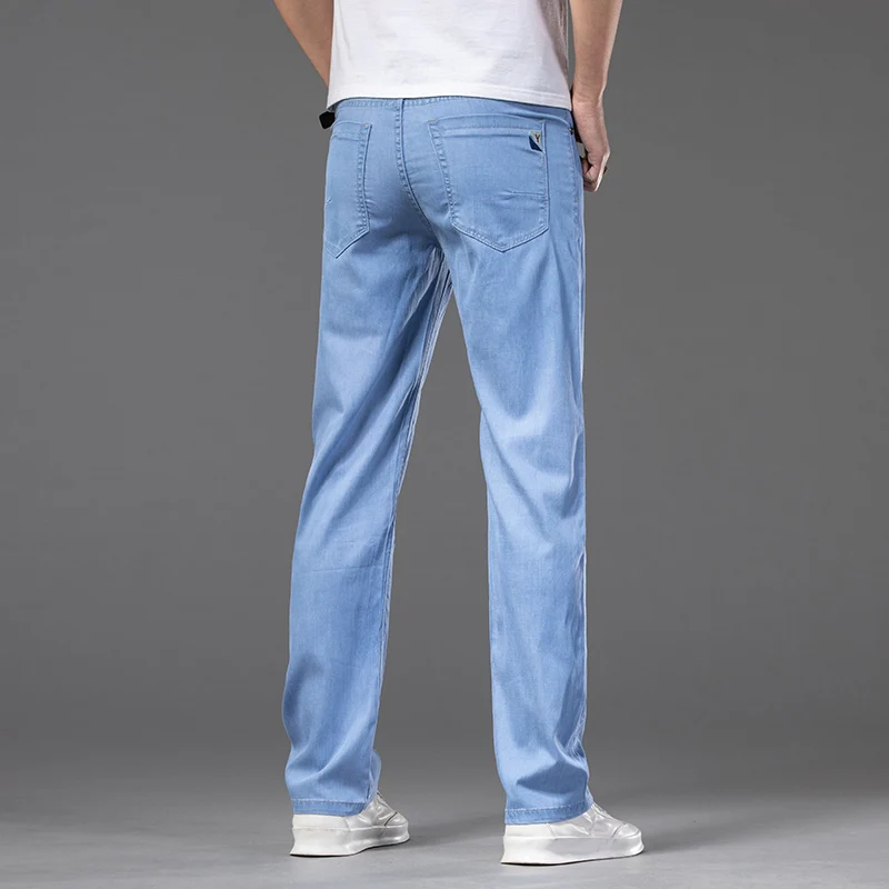 Lyocell-pantalones vaqueros de verano para hombre, Jeans elásticos rectos, delgados, azul claro, clásicos, talla grande 40 42 44