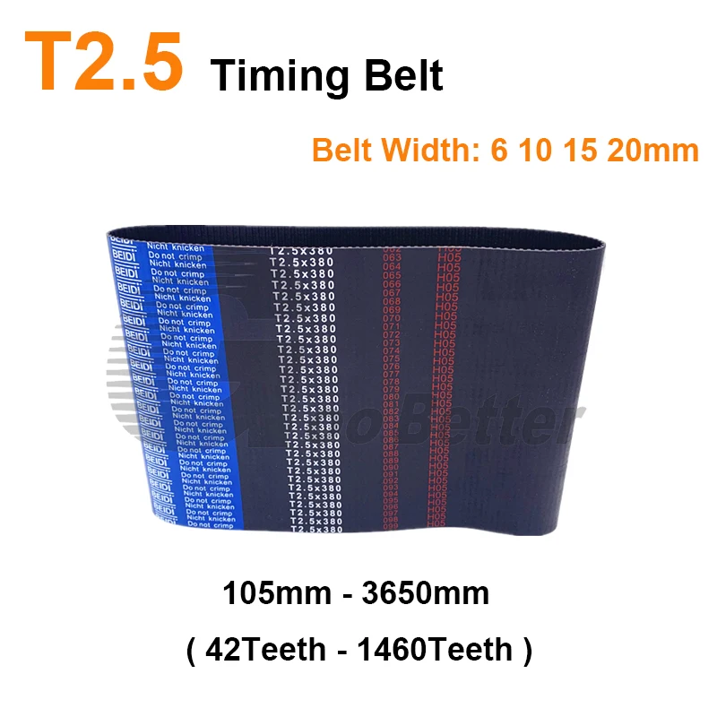 

Width 6 10 15 20mm T2.5 Rubber Timing Belt Pitch Length 105 120 130 145 157.5 160 172.5 200 230 245 265 - 3650mm 42-1460 Teeth