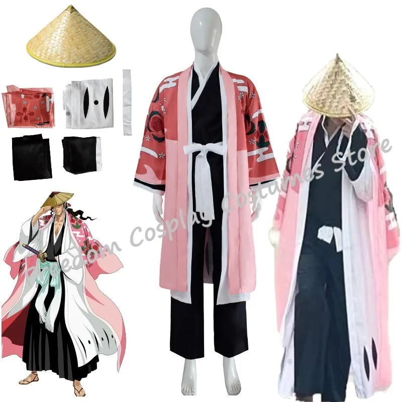 Max Cos Anime Kyoraku Shunsui Cosplay Costume Thousand-Year Blood War Pink Kimono Black Shinigami Attire Outfit Cloak Halloween