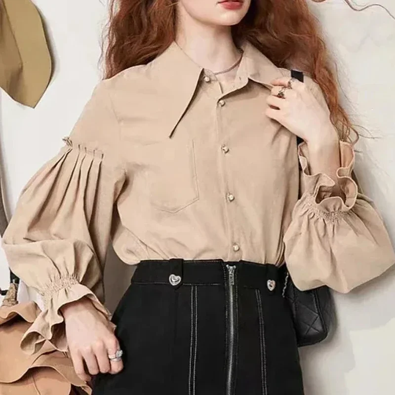 

Autumn Pleated Women Peter Pan Collar Pocket Blouse 2023 Fashion Lantern Long Sleeve Simple Shirt French Style Loose Tops 29834
