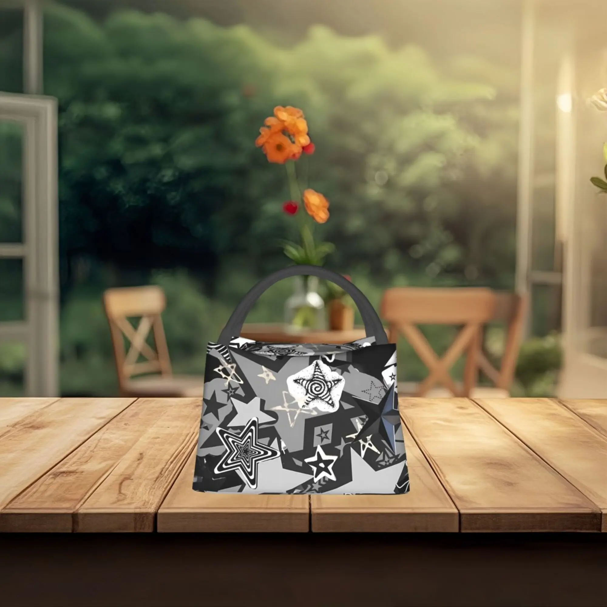 1pc Black and White Five-pointed Star Pattern, Portable Reusable Cooling Bag, Insulated Bag, Insulated Lunch Bag