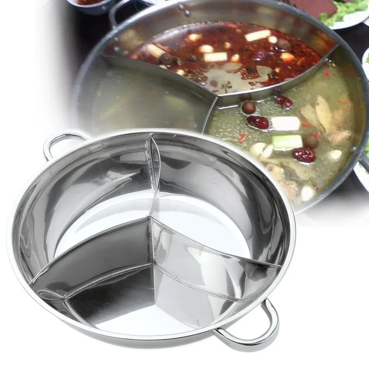 34cm Stainless Steel Hot Pot Three Divided Cookware Induction Little Sheep Pot Hot Pot Ruled Compatible Cooking Winter Party