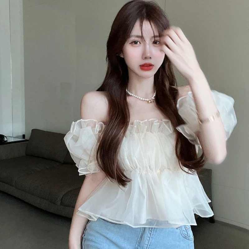 Puff Sleeve Sweet Blouses Women Summer Y2k Graceful Korean Fashion Vintage Sexy Elegant Casual Aesthetic Hot Girl Crop All-match