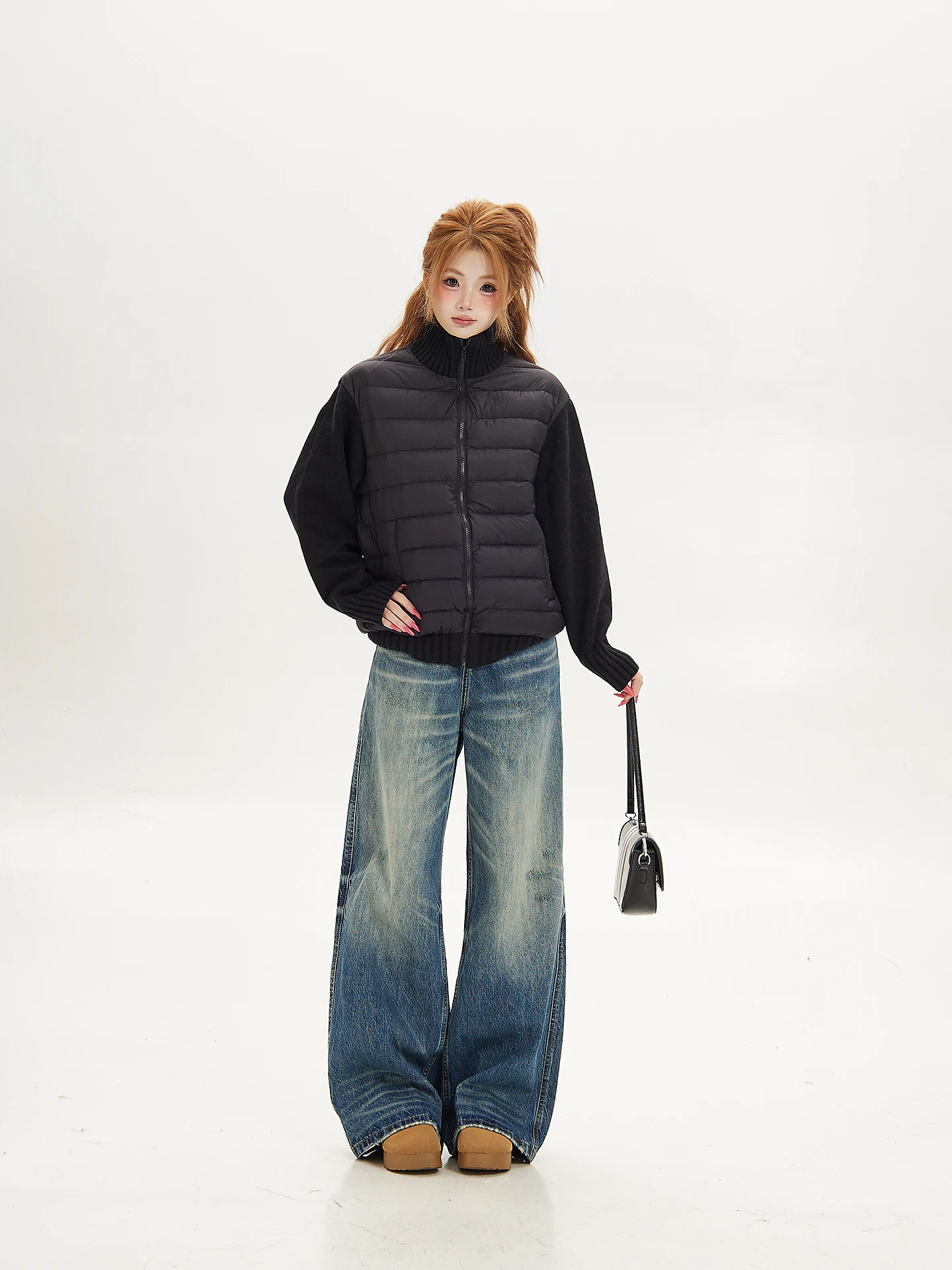 Lightweight Thin Black Knitted Stand Collar Commuter Style Women's down Jacket Ant Design Sense Warm Outerwear Coat