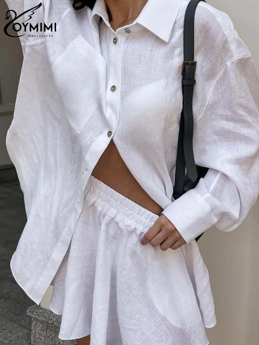 Oymimi Fashion White Cotton Sets For Women 2 Pieces Casual Long Sleeve Pockets Button Shirts And High Waist Mini Skirts Sets