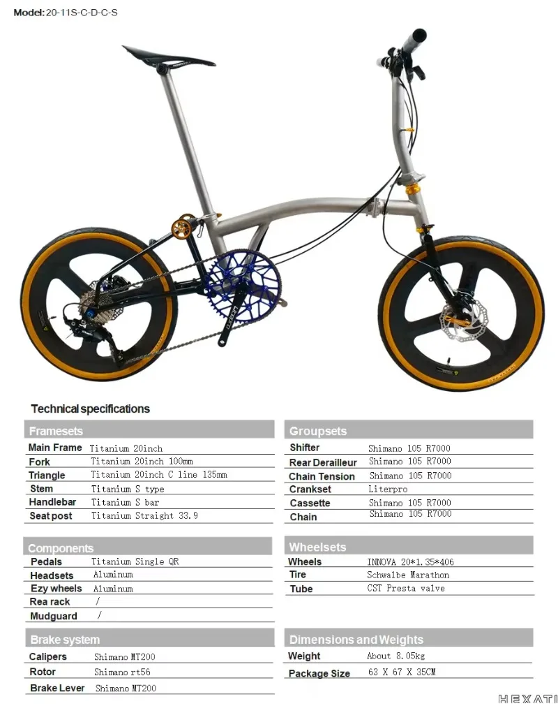 20-Inch all-titanium tri-fold bike with disc brakes and carbon wheelset, 11-speed