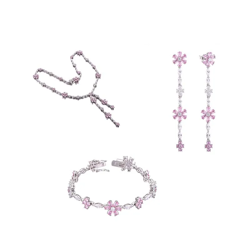 

Women Luxury 925 Sterling Silver Earrings Necklaces Bracelet Fine Pink Cubic Zirconia Jewelry Flower Set For Woman Gift Party