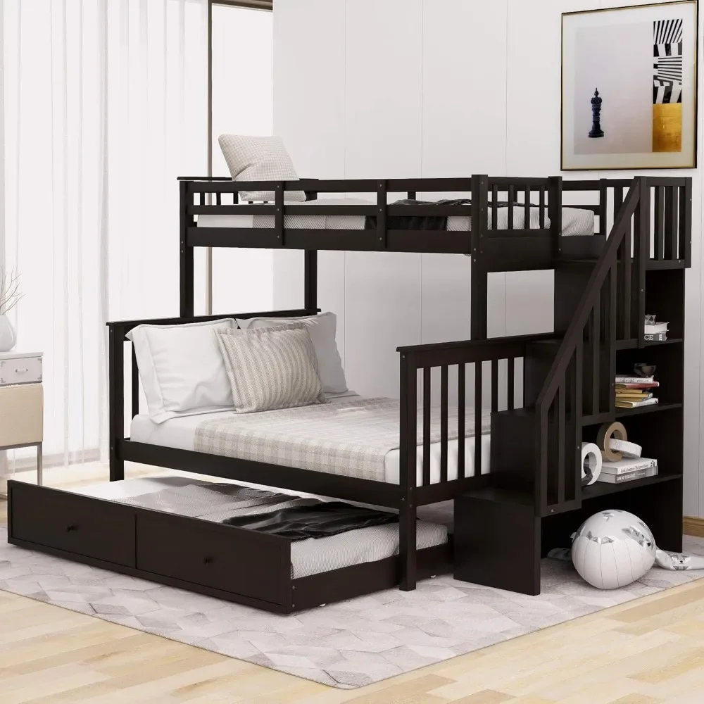 Twin Over Full Bunk Bed, with Twin Size Trundle, with Stairway, Storage and Guard Rail for Kids, Wooden Bunk Bed