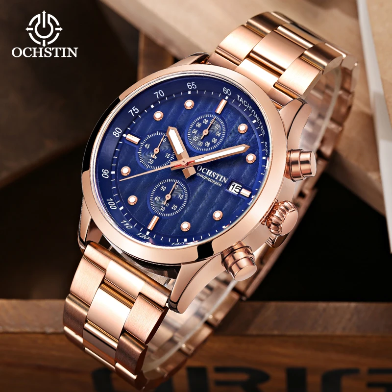 OCHSTIN Stylish Aviator Style Men Quartz Watch Multifunctional Movement Durable Stainless Steel Band Man Waterproof Timepiece