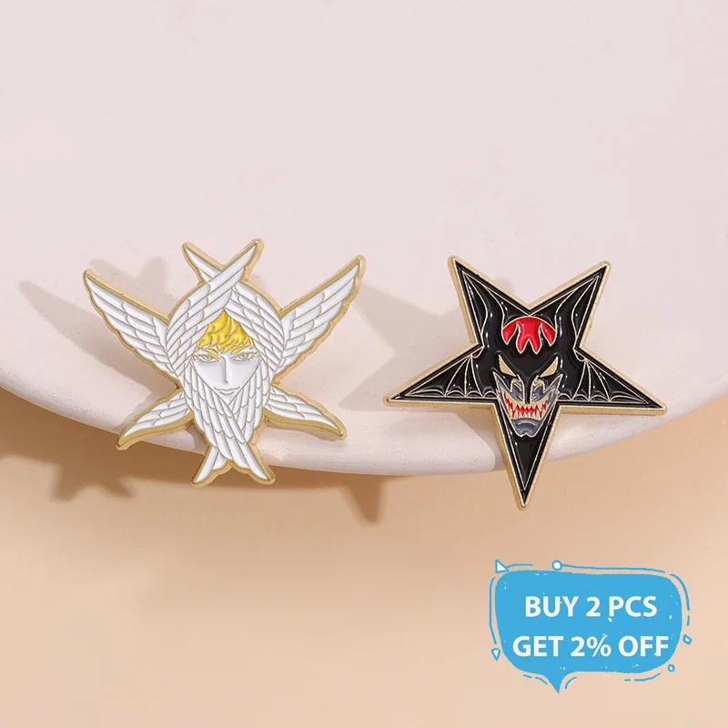 Cartoon Angel Wings Enamel Pin Black Pentagram Mysterious Devilman Evil Smile Brooches Lapel Collar Badge DIY Jewelry Fans Gift