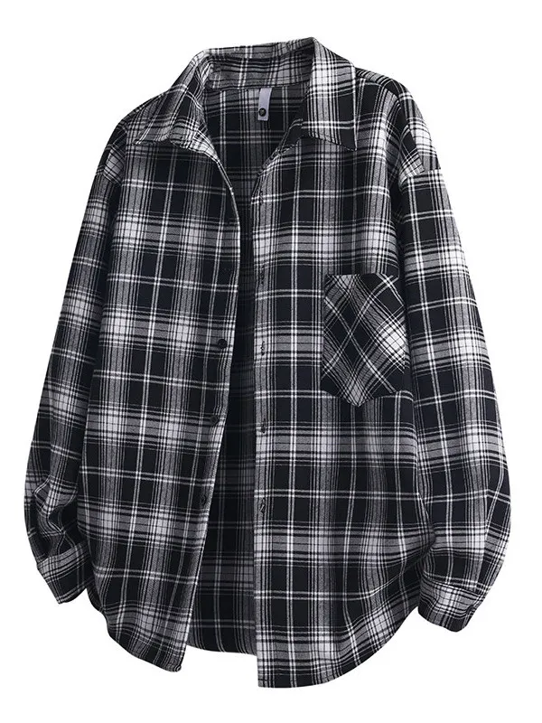 Blue Plaid Loose Fit Long Sleeve Shirt Men's Autumn Fashion Hong Kong Style Retro Shoulder Length Collar Jacket plus Size