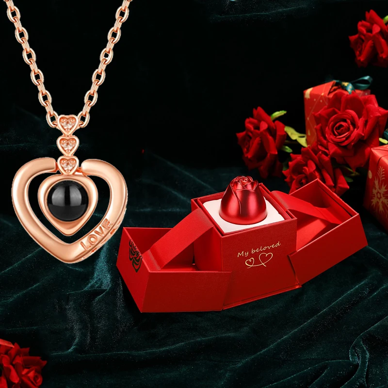 100 Languages I Love You Projection Necklace Fashion Heart Pendant With Rose Gift Box For Girlfriend 2023 Fashion Luxury Jewelry