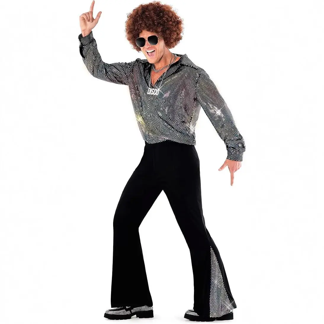 

5pcs Disco Men's Performance Costume 70s Men's Long Sleeve Sequin Shirt Set retro style Cosplay Stage Performance Outfit