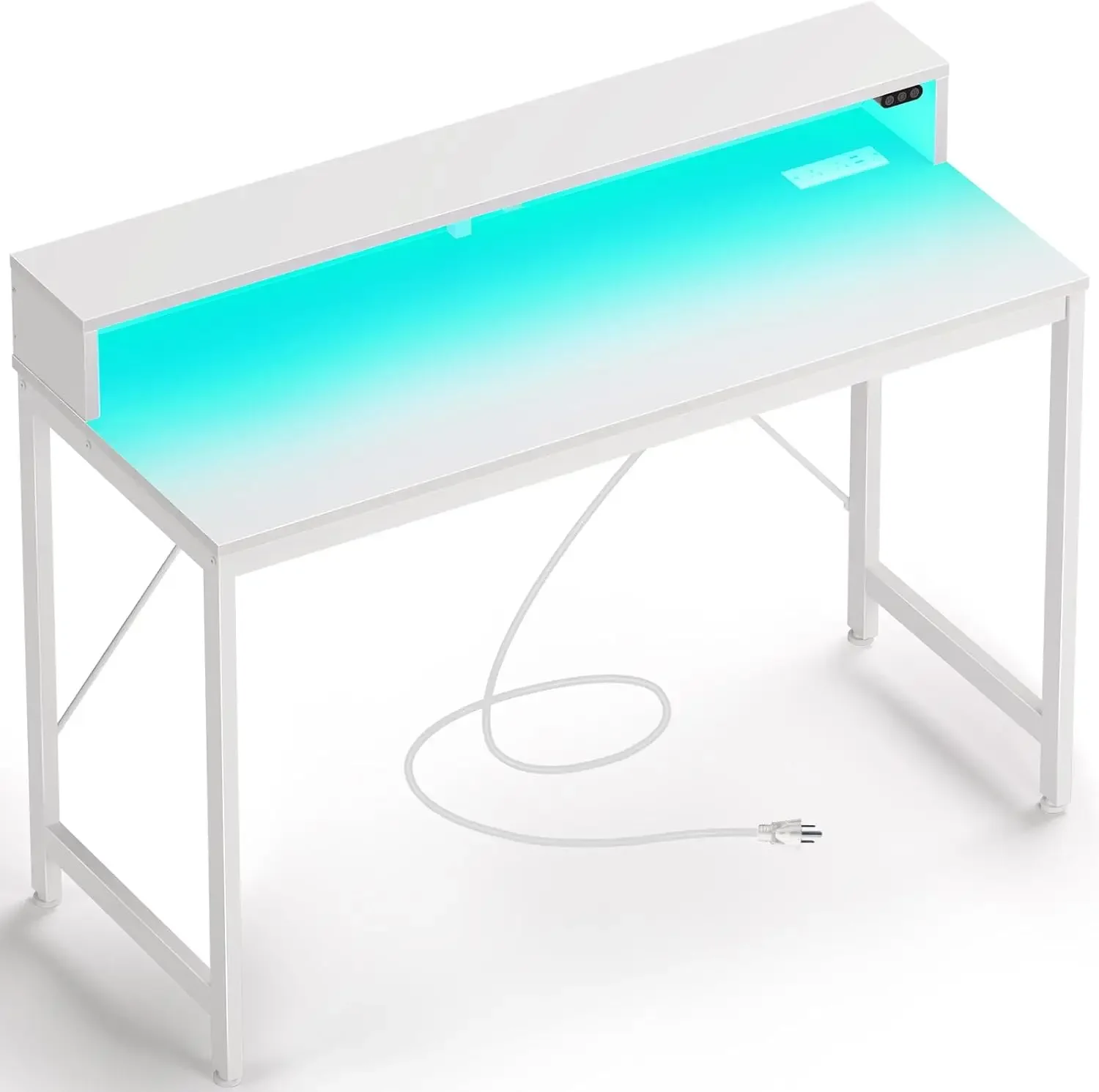 Computer Desk 39 inch with LED Lights & Power Outlets, Home Office Desk with Monitor Shelf, Gaming Desk, Writing Desk, White