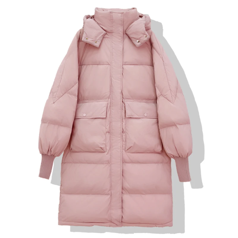 

Winter Thick Mid-Length Down Filling Jackets Women's Korean Style Simple Solid Color Windproof Fluffy Thermal Hooded Overcoats