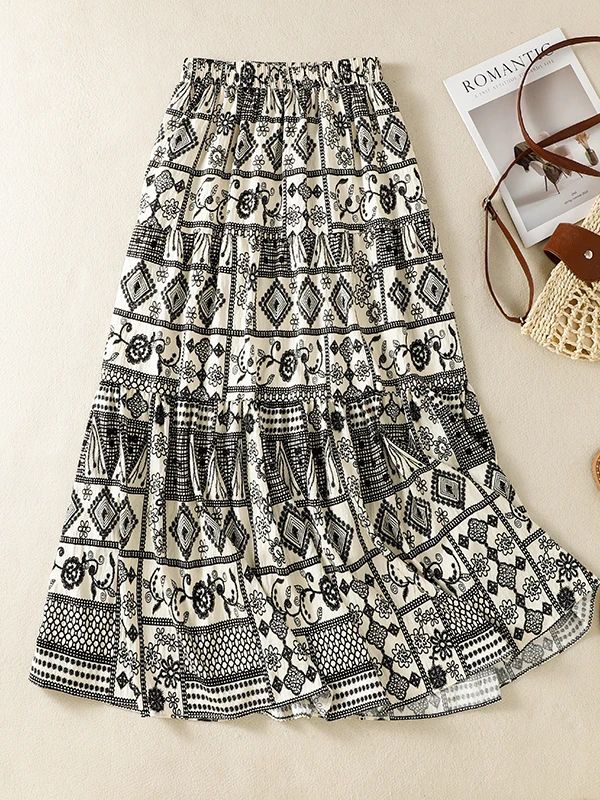 

Retro Bohemian Print Half Skirt Women's Spring Summer New Loose Fashion Splicing Elastic Waist A-Line Skirt Commute Style