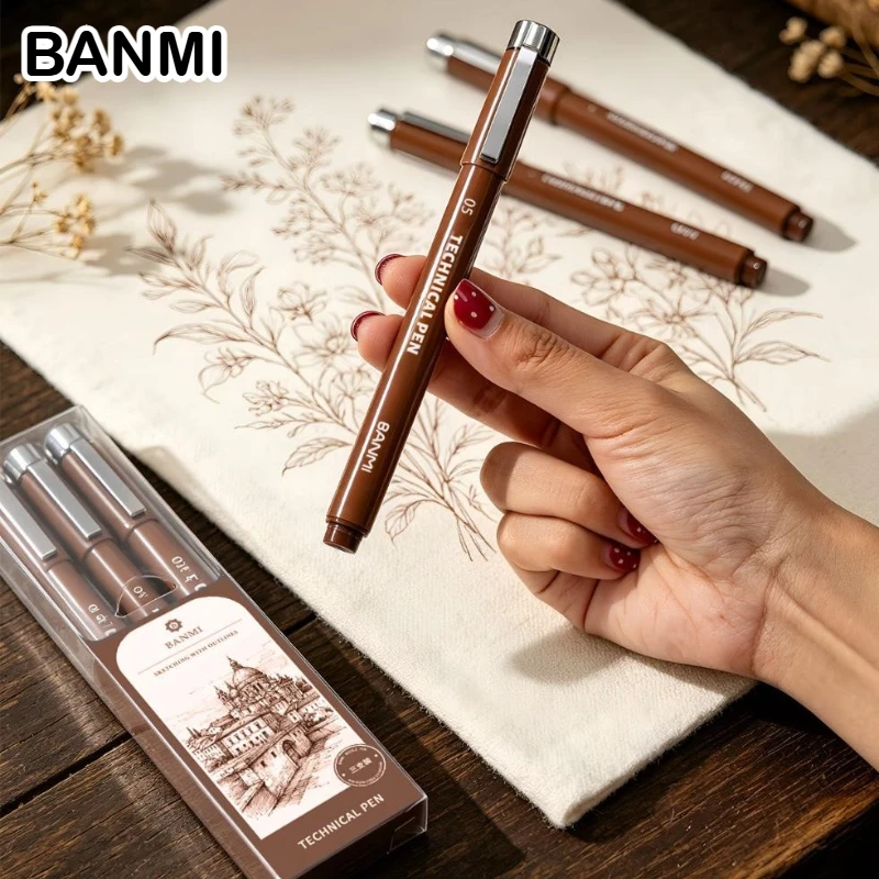 BANMI Fineliner Pen Waterproof Brown Ink Gel Pen 005/02/05 Tip Technical Pen for Drawing Sketching Stationery School Supplies