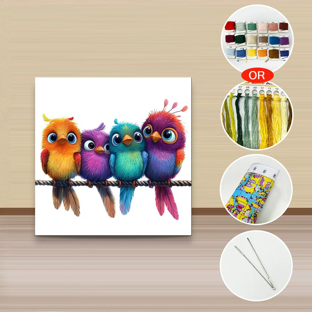 1 Stück 30x30 cm/11,8 Zoll, 11Ct/14Ct Kreuzstich-Set, DIY Valentinstagsgeschenk, Stickerei-Set für Festlichkeiten, vier bunte Vögel aus Draht – Detail 3