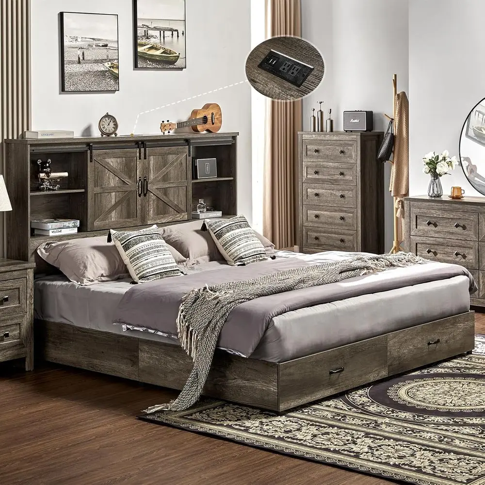 

Rustic Grey Wooden Platform Bed with 51.2 Bookcase, 2 Drawers, and Charging Station - No Box Spring Needed