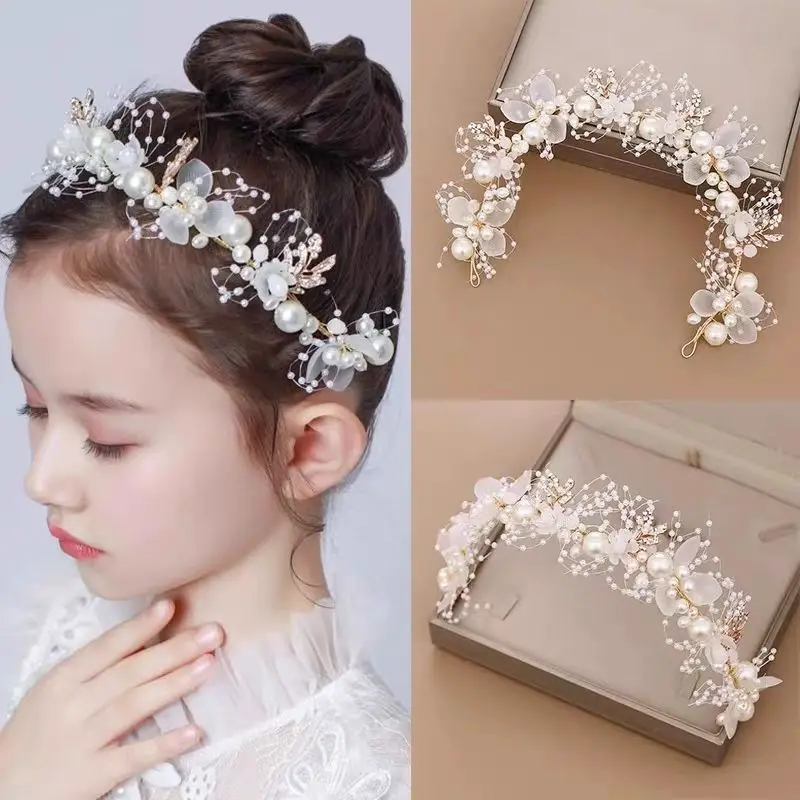 Bride headband pearl flower headband children's flower wreath super fairy princess hair accessory headband ribbon