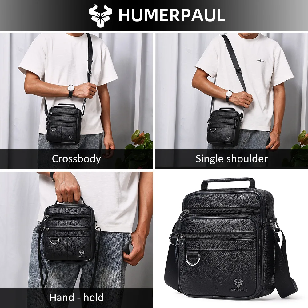 Genuine leather soft leather men's multi-pocket single-shoulder bag, large-capacity crossbody hand-carry square travel backpack