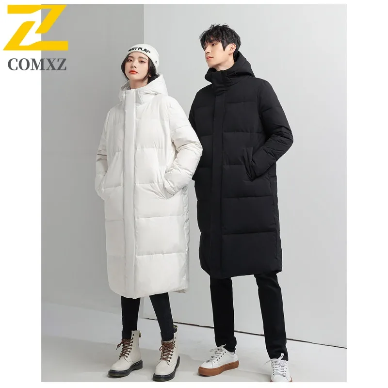 COMXZ High Quality Men Long Down Jacket Hooded Outdoor Office Lightweight Puffer Jackets Luxury Business Windproof Winter Parka