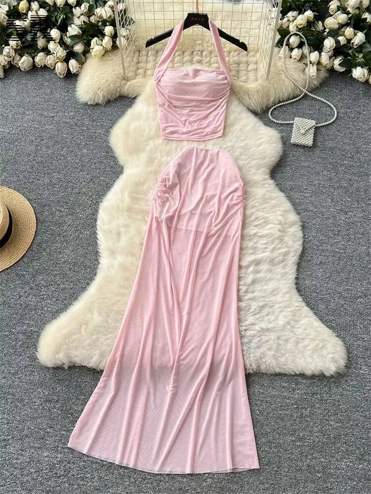 BabYoung Sommer Perlen Zwei Stücke Sets Frauen Halter Crop Top + Sheer Solide Bodycon Langen Rock Mesh Sexy Urlaub 2 stücke Anzüge