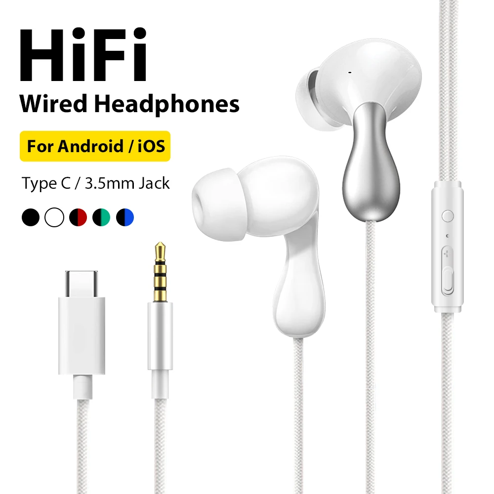 USB Type C Wired Headphones With Microphone 3.5mm Earphones  For Samsung iPhone 17 Xiaomi Huawei Oppo HiFi Line Control Headset