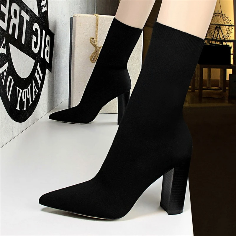 

BIGTREE Fashion New Simple Thick Heels Modern Boots Black Party Sexy Nightclub Display Shoe Pointed Toe Thin Wool Ankle Boots