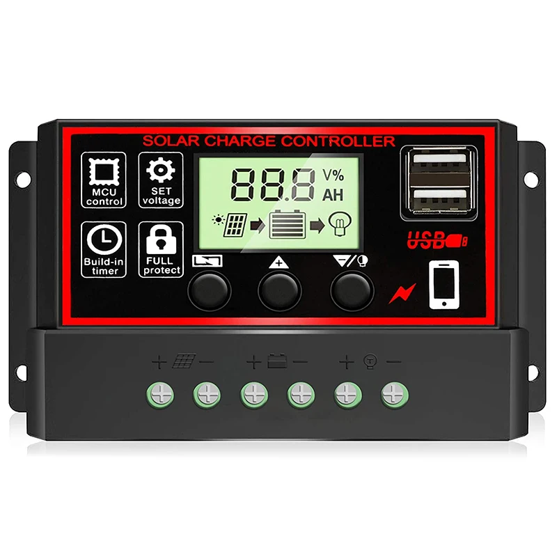 Solar Charge Controller Black Solar Panel Battery Smart Regulator Dual USB Ports Automatic Adjustable LCD