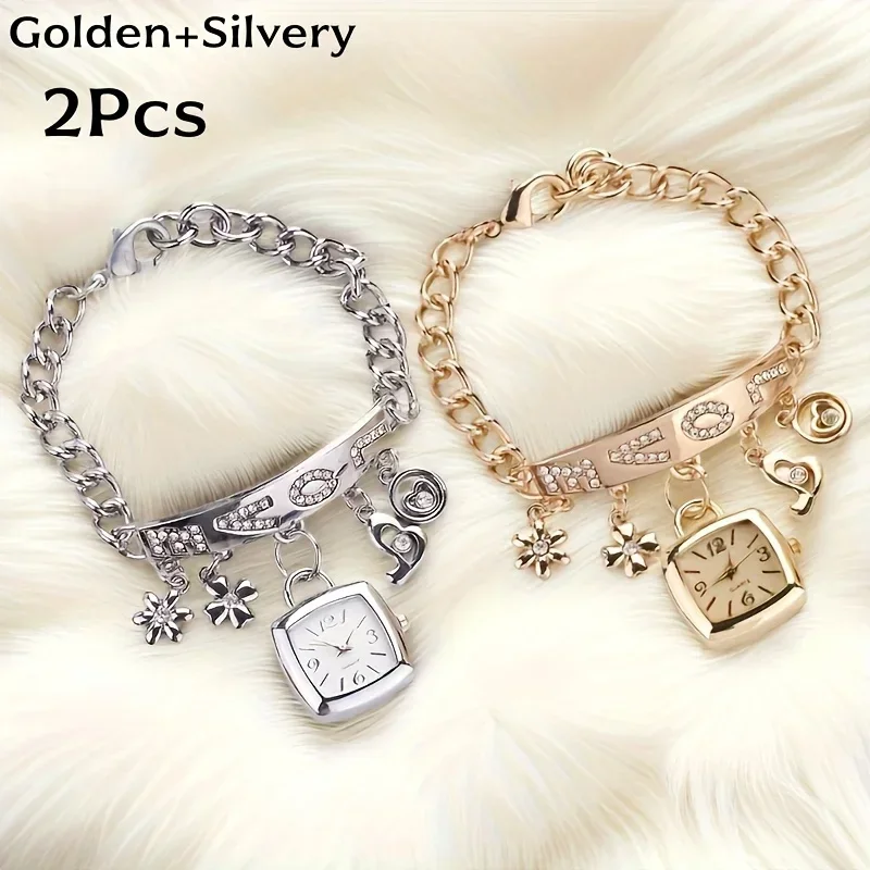 2 pieces/1 piece women's bracelet watch LOVE quartz watch flower decoration twisted belt long watch