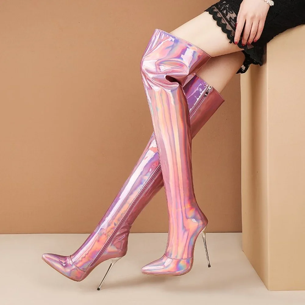 

Womens Pointed Toe Patent Leather Over Knee Thigh Boots Stilettos High Heel Shoes Glitter Laser Mirror Shiny Long Plus Size34-45