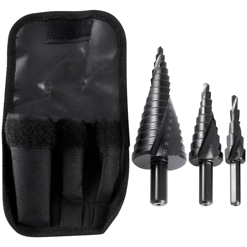 A43F-3PCS 4-32MM HSS Cobalt Step Drill Bit Set Nitrogen High Speed Steel Spiral For Metal Cone Triple-Cornered Shank Hole Cutter