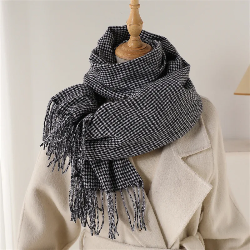 

Роскошный зимний шарф с имитацией кашемира «гусиные лапки», женский дизайн, теплые шарфы из пашмины с длинными кисточками, женская шаль, платок Bufanda